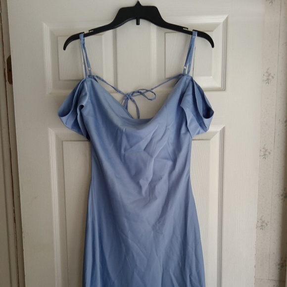 Light Blue Satin Off the Shoulder Cowl neck Dress - Picture 1 of 9
